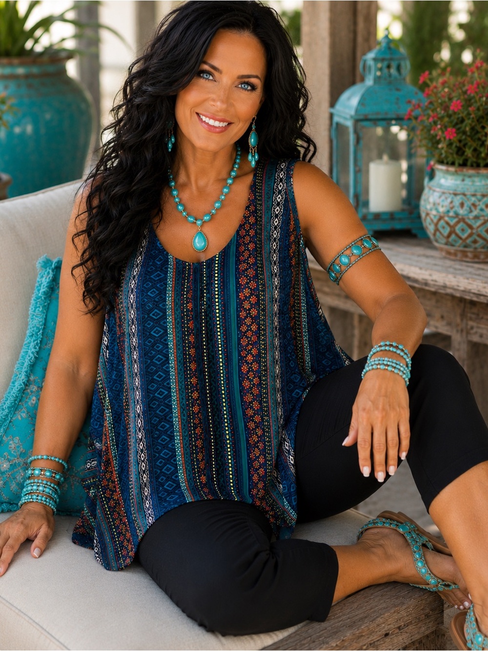 1X New Direction Multi Color Blue ,Floral-Stripe Cold-Shoulder Top